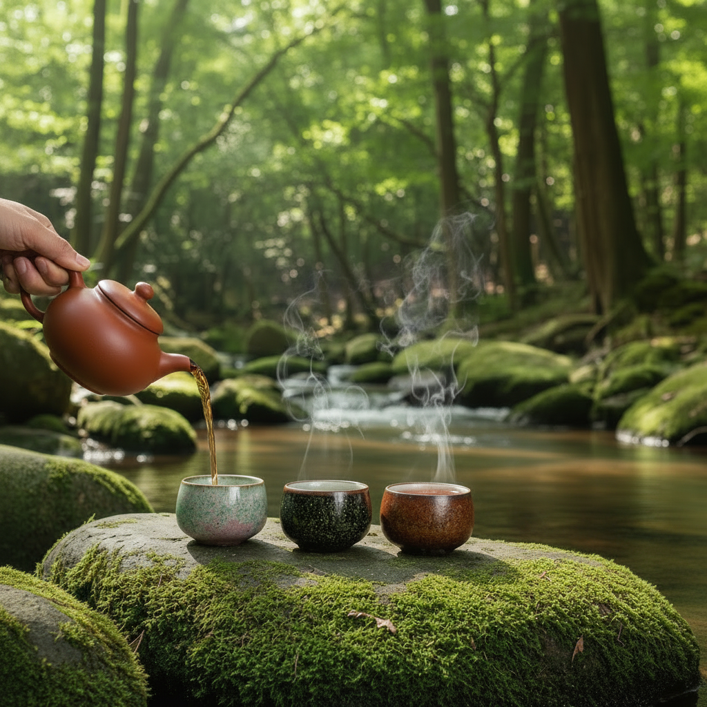 Three cups with teapot pouring